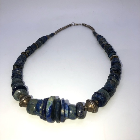 Vtg Blue Sodalite Donut Sliced Bead Necklace Sterling Clasp 20” / 93g HEAVY - Picture 2 of 7